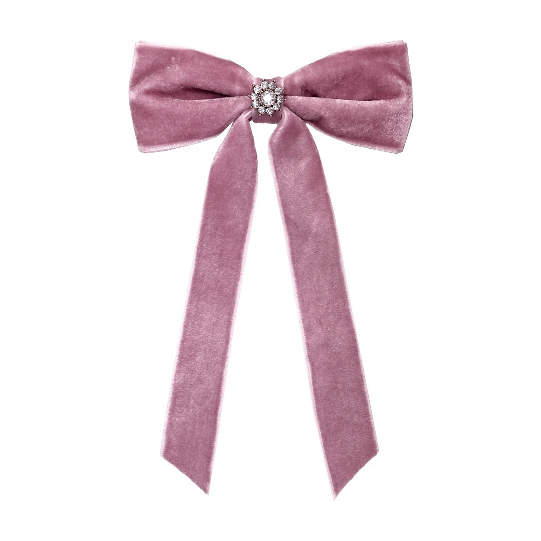 ICONIC VELVET BOW BARRETTE IN BABY MAUVE